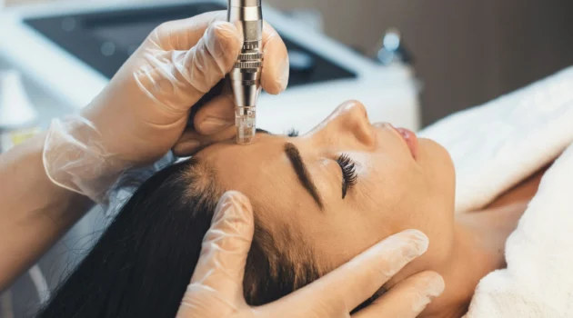 Close-up of professional microneedling treatment on woman's face in a clinic
