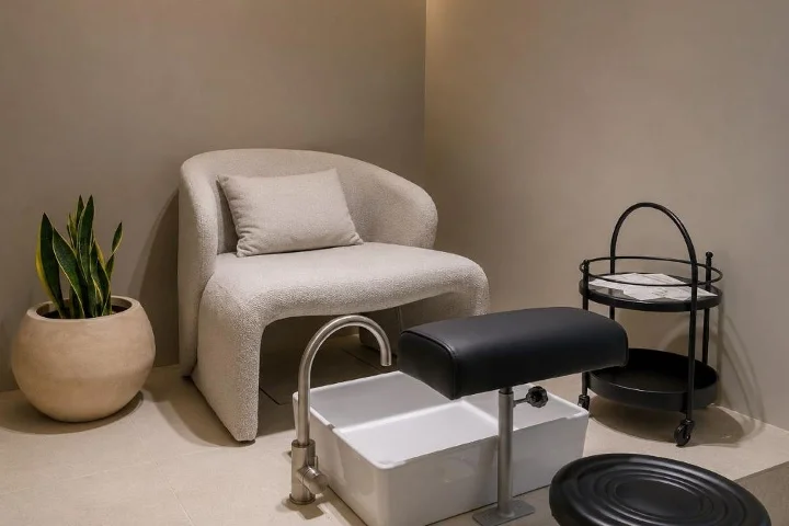 A quiet pedicure corner in soft taupe tones, with a curved cream bouclé armchair and cushion, a white pedicure foot bath with a black footrest, a round black trolley and a potted snake plant.