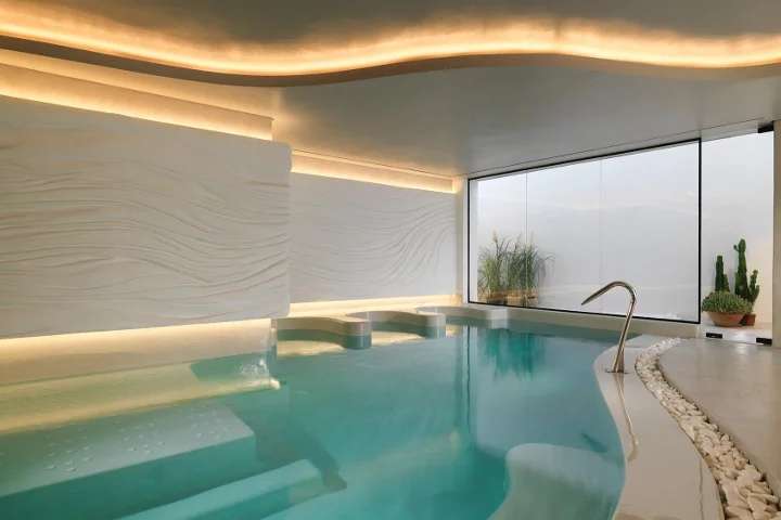 An indoor thalassotherapy pool with pale turquoise water and built-in loungers, a wave-textured white wall lit by cove lighting, a curved ceiling, a large frosted window, potted grasses and a cactus, and a pebble border.