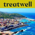 Aerial view of a Sardinian coastal town with pastel houses, a harbour and turquoise sea.
