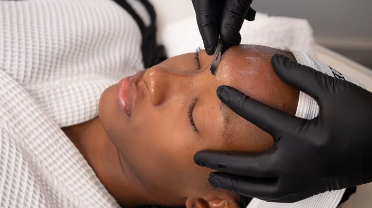 Close-up of an aesthetician performing dermaplaning on a client in salon