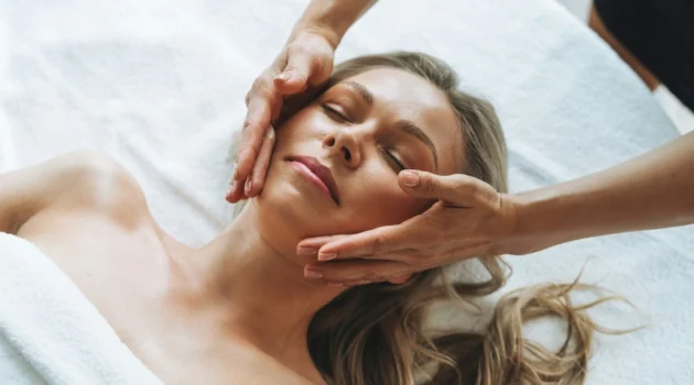 Woman relaxing during a gentle lymphatic drainage facial massage with therapist's hands lightly gliding across her face